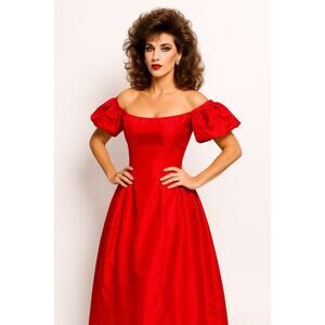 Vintage 80's Scaasi Boutique Red Satin Off-Shoulder Ball Gown Dress USA medium